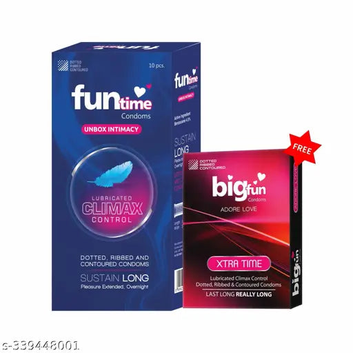 Funtime Dotted, Ribbed, Countered and lubricated Condoms for Men –Climax Control Count 10 + Free Bigfun Xtra time Count 3 - Total 13 Condoms