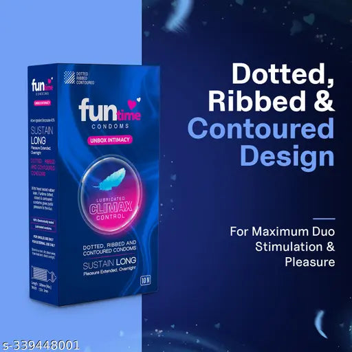 Funtime Dotted, Ribbed, Countered and lubricated Condoms for Men –Climax Control Count 10 + Free Bigfun Xtra time Count 3 - Total 13 Condoms