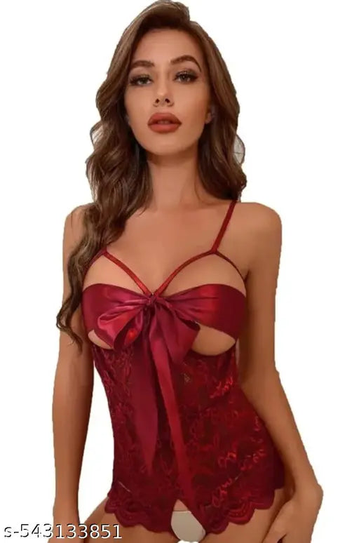 Hot Sexy Lace Blended Knee Length  with Panty Maroon Set