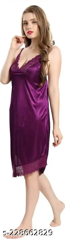Women's Satin Babydoll Nighty with Robe pack of 2 Purple