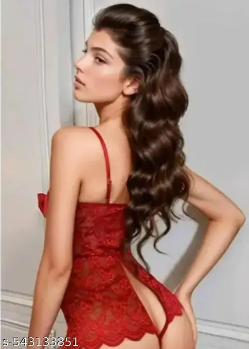 Hot Sexy Lace Blended Knee Length  with Panty Maroon Set