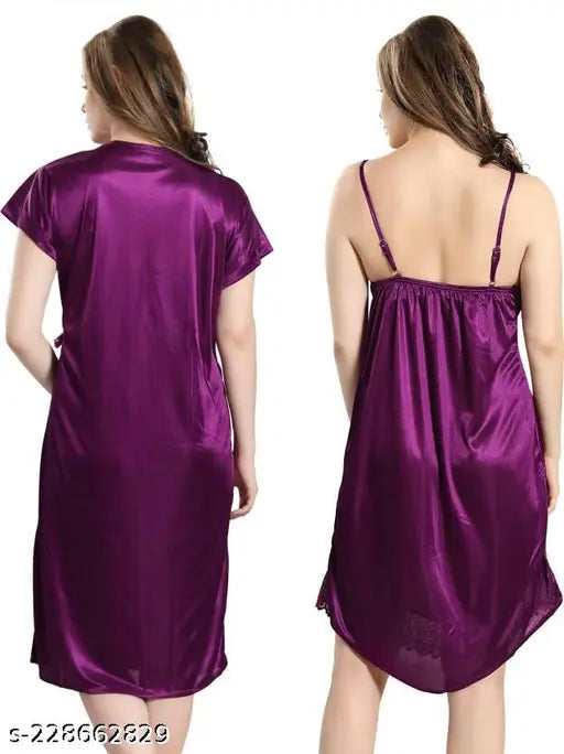 Women's Satin Babydoll Nighty with Robe pack of 2 Purple