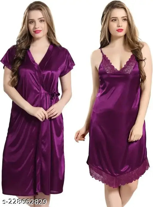 Women's Satin Babydoll Nighty with Robe pack of 2 Purple